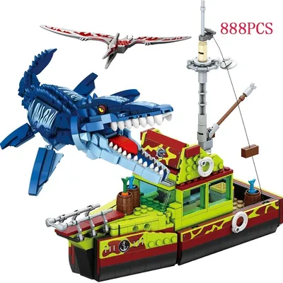 Jurassic Dinosaurier Schiff Spielzeug Baustein DIY Flucht Aus Ozean Mosasaurus Montage Ziegel Image