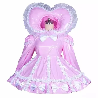 Erwachsene Sissy Baby PVC rosa Rüschen Schleife abschließbares Kleid Dienstmädchen Cosplay Kostüm Image