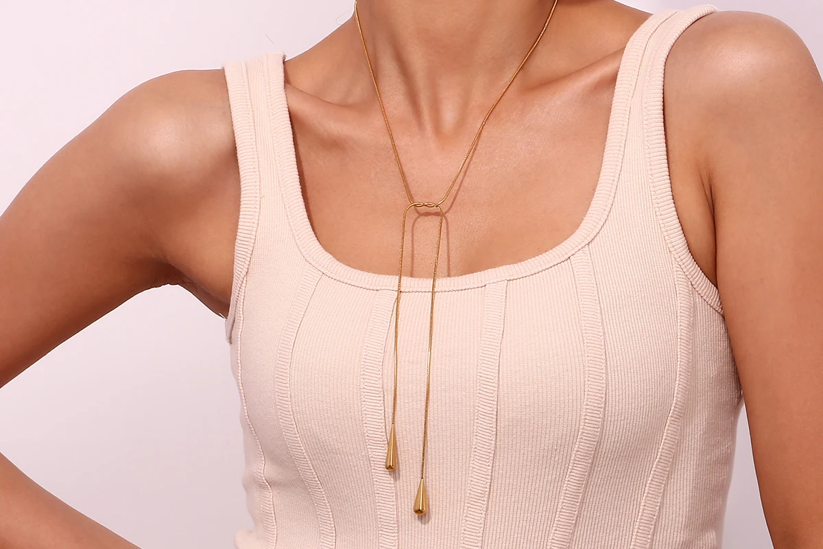 Halskette mit zwei Wassertropfen-Schlangenketten, anlaufgeschützt, silberfarben, Edelstahl-Accessoires, 18 Karat vergoldet, Damen-Halskette Image