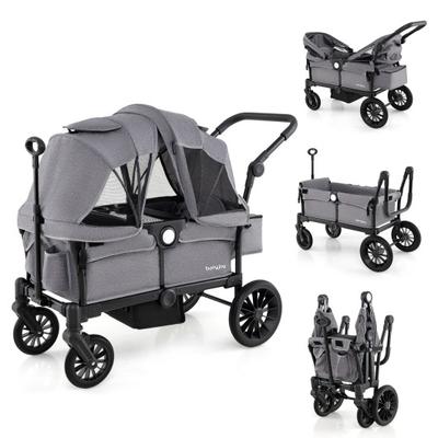 Costway 2 Seater Push Pull Collapsible Kids Wagon Stroller with Adjustable Handlebars-Gray