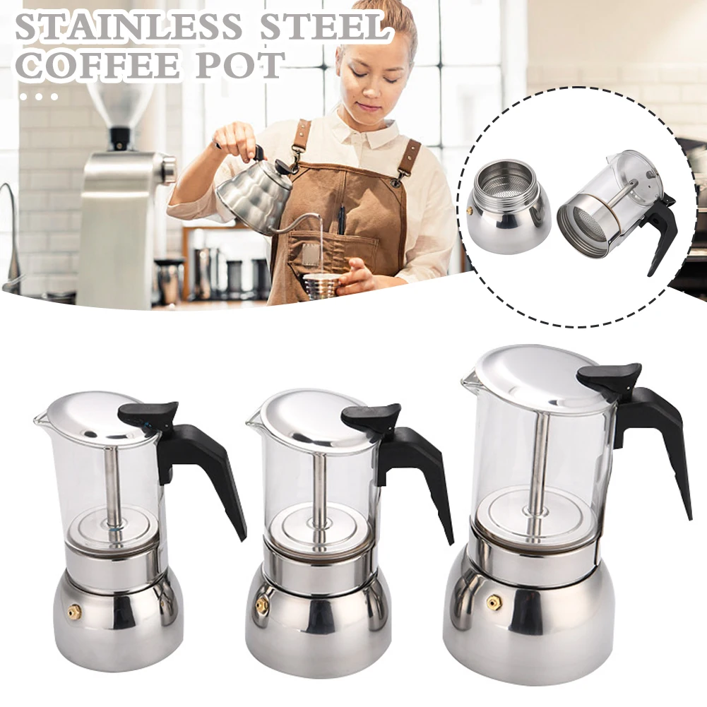 Edelstahl Moka Topf Caffe Maschine Glas Espresso Kaffeemaschinen Latte Percolator Herd Top Moka Kaffeemaschine 200/300/450ML