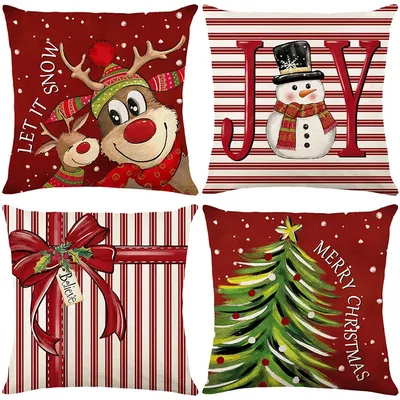 4 Stück Weihnachtskissenbezug für Zuhause, Cartoon-Sofa-Kissenbezug, Leinendruck, Image