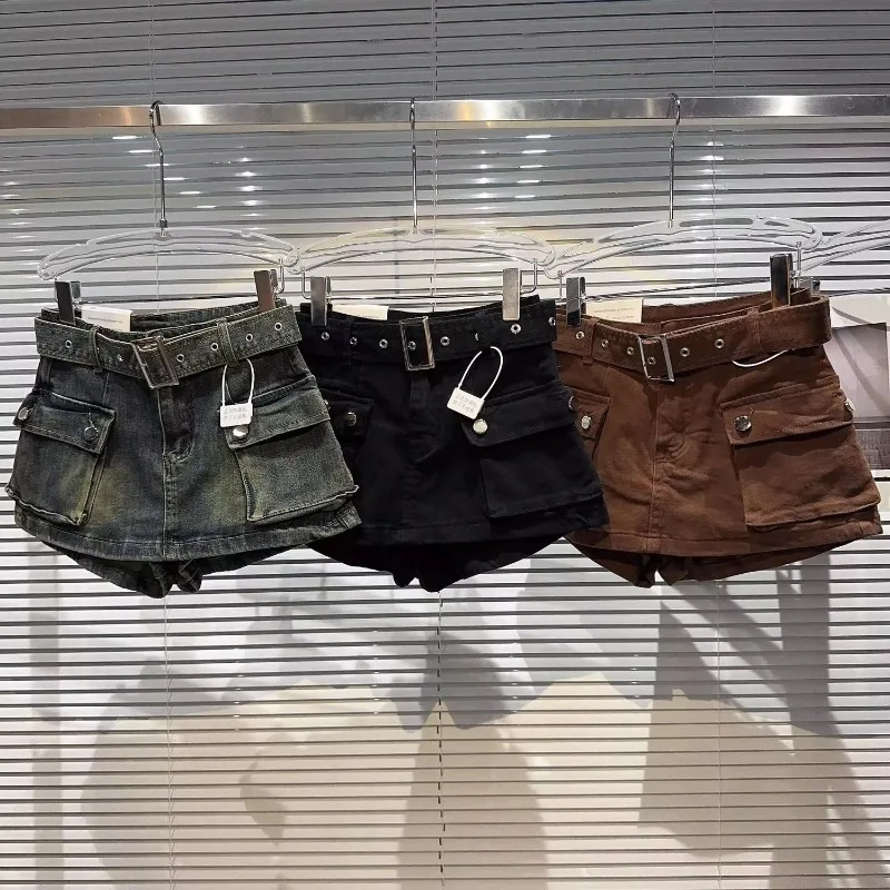 Frauen Jeans rock Hosen schwarze kurze Hose Frau Colthing Vintage Gürtel Vintage Vintage Baggy Hose Y2k Streetwear Chic