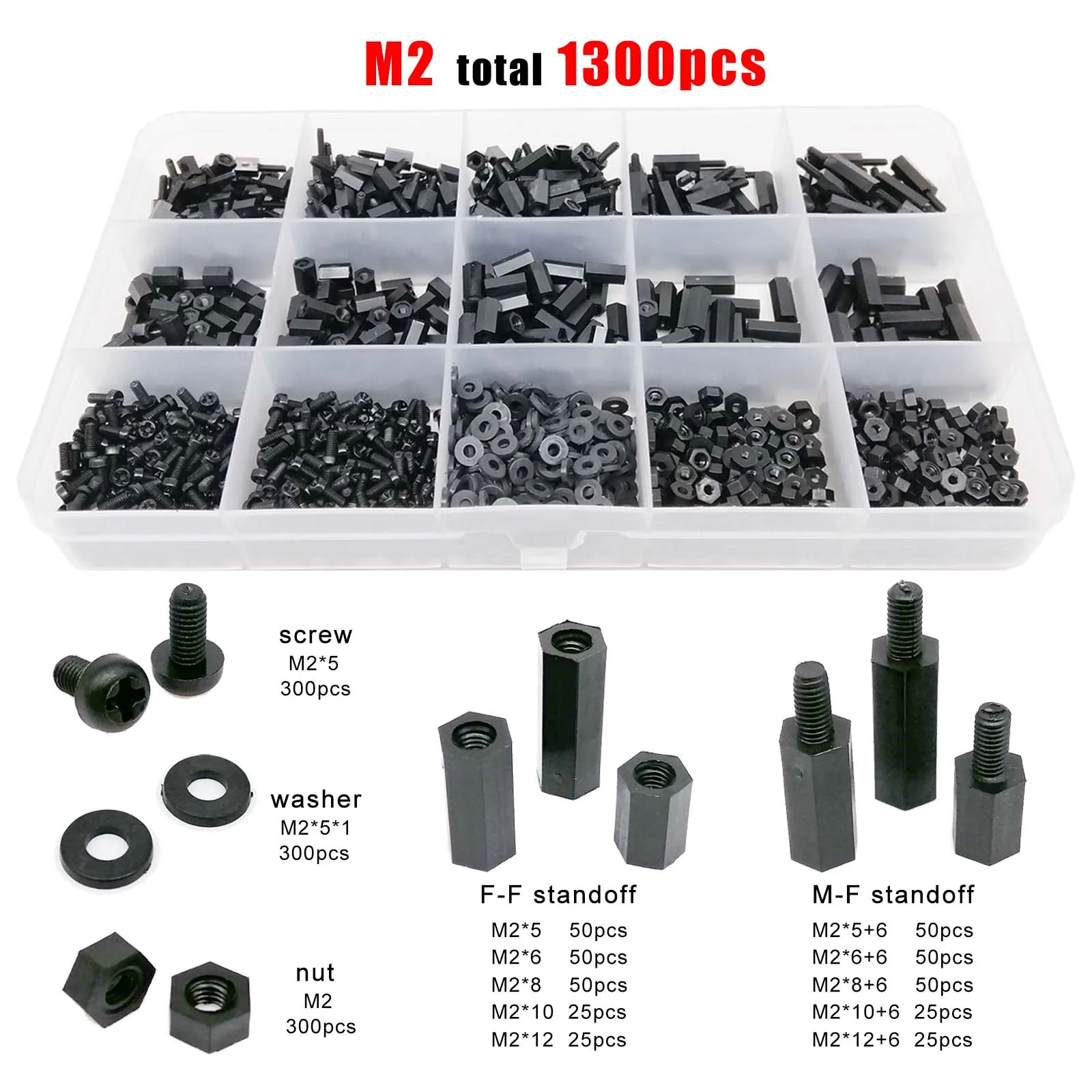 445/1300 Stück isolierte Sechskant-Abstandshalter, Sechskant-Säule, Abstandshalter, Säule, Schraube, Mutter, Sortiment, Set M2, M2,5, M3, M4, schwarzer Kunststoff, Nylon Image