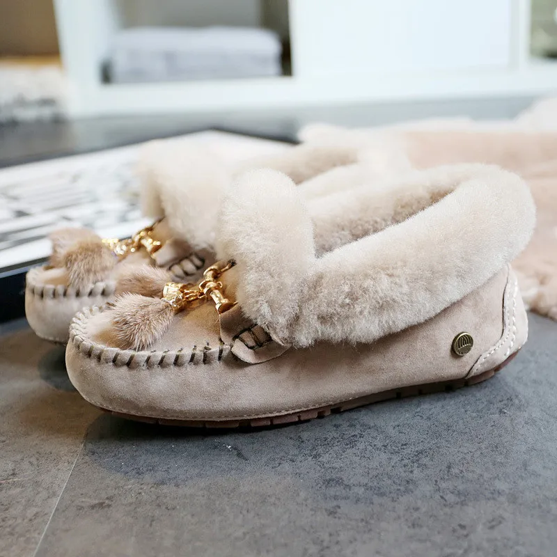 Frauen 100% Natur pelz Schuhe Mokassins Slipper weiches Echt leder Freizeit wohnungen weibliche Freizeit schuhe Größe 34-44