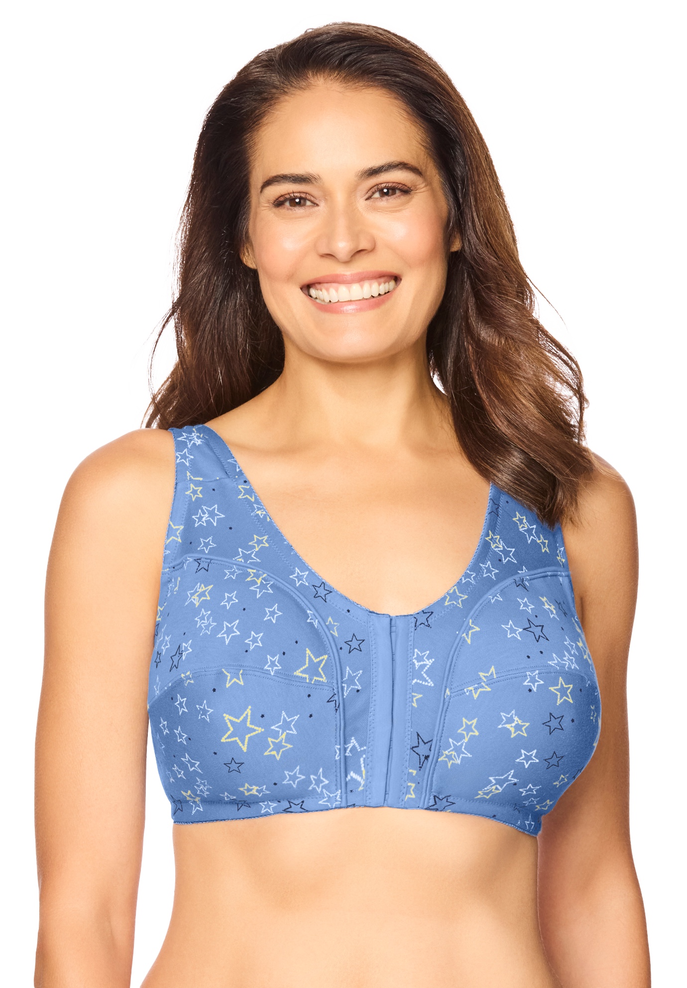 Plus Size Women's Cotton Front-Close Wireless Bra by Comfort Choice in French Blue Stars (Size 50 C)