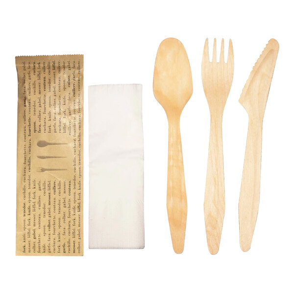 VerTerra 7 1/4" Compostable Heavy-Duty Wooden Cutlery Set with Napkin - 300/Case