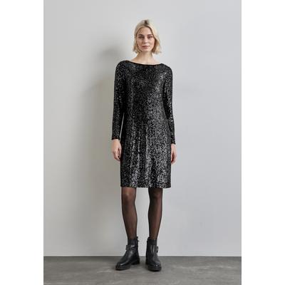 Midikleid STREET ONE, Damen, Gr. 36, EURO-Größen, schwarz (sparkling silber), Stoff, Obermaterial: 94% Polyester, 6% Elasthan; Unterstoff: 100% Polyester, glänzend, casual, normal knielang, Rundhals, Langarm Bündchen, Kleider, knielang