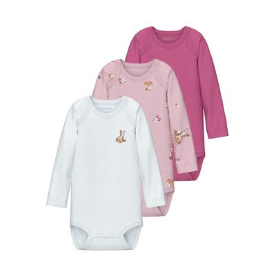 Langarmbody NAME IT "NBFBODY 3P LS IBIS ROSE DEER NOOS", Baby, Gr. 80, N-Gr, rosa (ibis rose), Sweatware, Obermaterial: 100% Baumwolle, unifarben, bedruckt, casual, regular fit, amerikanischer Ausschnitt, Langarm, Bodies Image