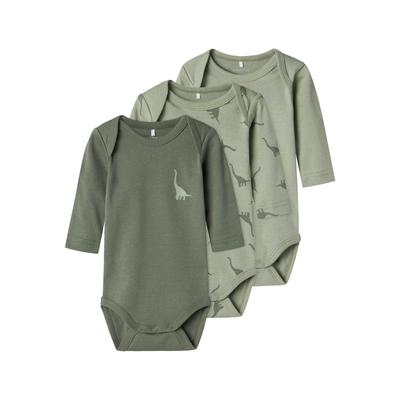 Schlafoverall NAME IT "NBMBODY 3P LS GREEN DINO NOOS", Baby, Gr. 74, N-Gr, grün (agave grün), Jersey, Obermaterial: 100% Baumwolle, bedruckt, casual, Rundhals, Langarm, Overalls Image