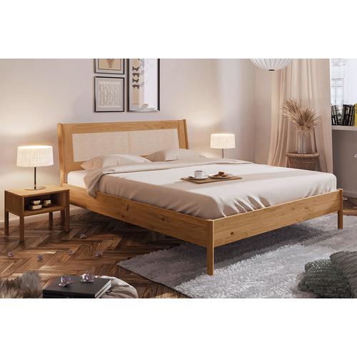 Bett PARIS Eiche massiv mit Rattan-Kopfteil 140x200