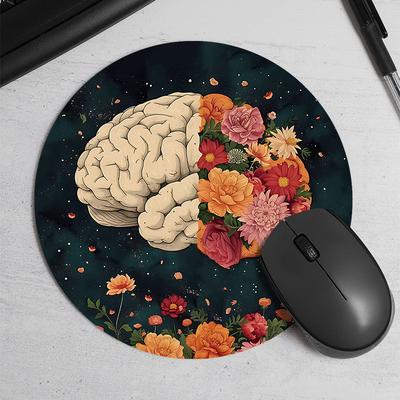 TEMU 1pc Floral Brain Pattern Round Mouse Pad, Comfortable Texture, Waterproof, Non-slip Rubber Base, Durable, Portable Desk Mat For Gamers, Office, Study â€“ Ideal Gift