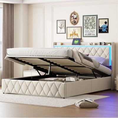 Doppeltes Polsterbett 140x200 cm, hydraulisches Boxspringbett mit LED-Nachttischlampe, Image