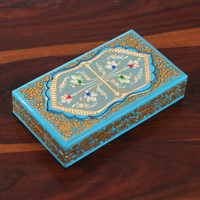 Aqua Chinar Embrace,'Aqua Hand Painted Folk Art Papier Mache Wood Decorative Box'