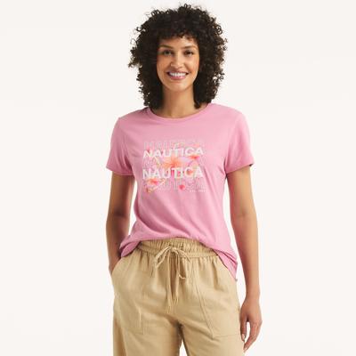 Nautica Women's Glitter Floral Logo Graphic T-Shirt Pale Coral, M