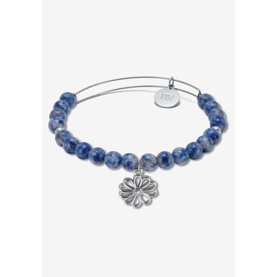 Women's Genuine Blue Sodalite Silvertone Flower Charm Bangle, 7.5 Inches by PalmBeach Jewelry in Blue