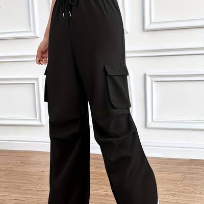 TEMU Women's Plus Size Beige Cargo Pants With Drawstring Waist And Flap Pockets - Elegant, Non-stretch Fabric, Casual Or Work Wear Image