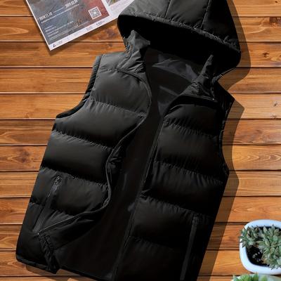 TEMU Men's Sleeveless Hooded Vest - Warm Polyester-filled Winter Coat With Zipper Closure, Black, For Fall/winter, Casual | Minimalist Winter Vest | Padded Vest Image