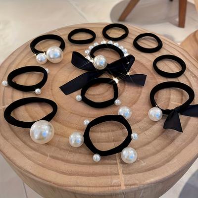 TEMU Elegant Black Hair Ties Set With Pearls And Bow, 11pcs High Fabric Hair Ropes For Adults, Minimalist Solid Color Hair Accessories With Pearl Accents