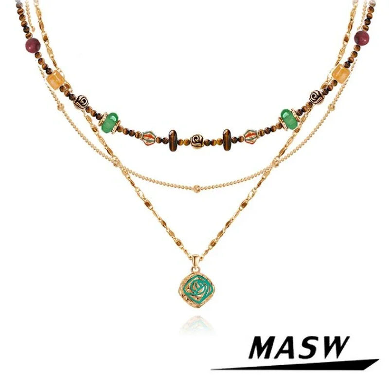 MASW Original Design Vintage Temperament Multi Schichten Grün Braun Perlen Halskette Für Frauen Mädchen Geschenk Moderne Schmuck Zubehör