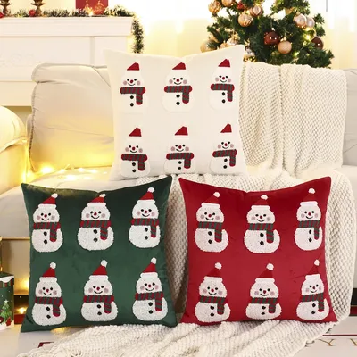 1PC Weihnachten Schneemann Wurf Kissenbezug Samt Stickerei Weihnachtsdekoration Wohnzimmer Image