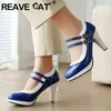 REAVE CAT Mode Frauen Pumpen Gemischte Farbe Runde Kappe High Heels 8,5 cm Plattform Schnalle Riemen Janes Schuhe Große Größe 48