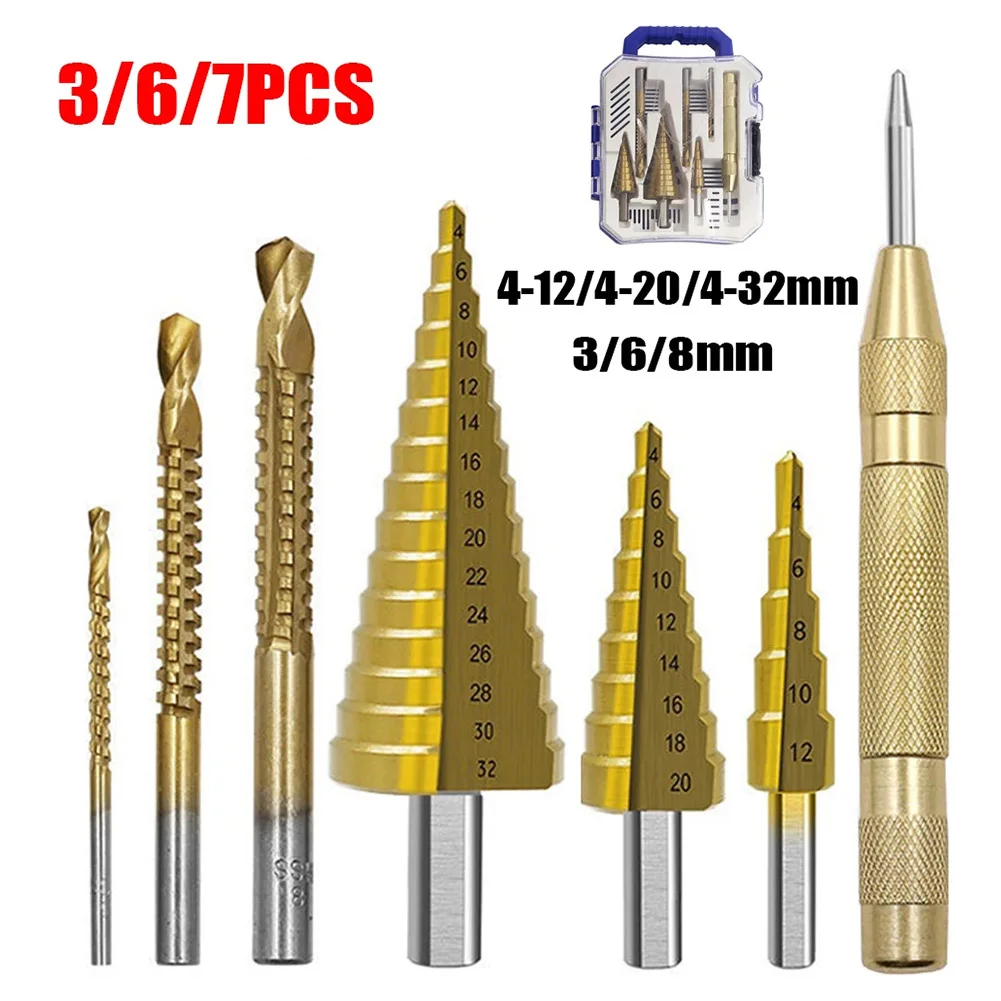 7-teiliger Stufen bohrers ägen bohrers atz, 3 6 8mm Holzbau-Metall kern loch öffner, Mittels tempel Titan fräser 4-12 4-20 4-32mm Image