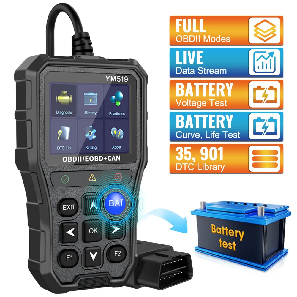Lecteur de Code Scanner de Code de défaut multilingue YM519 outil de Diagnostic de voiture lecteur de Code OBD2 vérifier le testeur de batterie du système de moteur