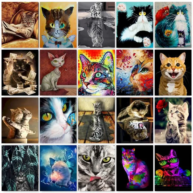 Gatyztory Rahmen DIY Malerei von Nummer Kits niedliche Katze Acrylfarbe mit Zahlen Tiere Bild einfache Farbe auf Leinwand Wohnkultur Image
