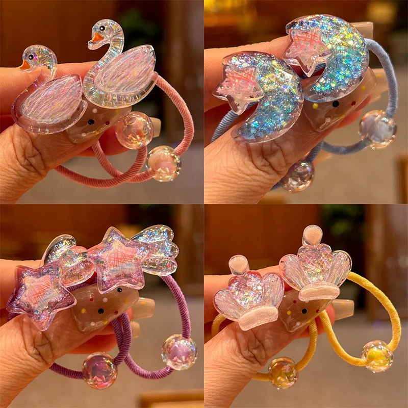 2 Stück Cartoon Perlen Wolken Mond Schwan Mädchen schöne elastische Haar bänder Prinzessin Haarschmuck Kinder Haar gummis Baby Kopf bedeckung Image