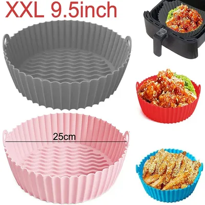 9.5 Inch Large Air Fryer Silicone Basket Tray Pot 25cm XXL Round Airfryer Oven Baking Mold Liner Kitchen Cooking Accessories