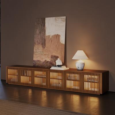 95" Mid-Century Modern Wood Slatted TV Stand with LED lights, LED TV Stand, Walnut Color TV Console, Minimalist Entertainment Center, Perfect for 85-inch TVs
