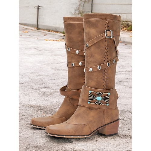 Western-Cowgirlstiefel für Damen – kniehohe Nietenstiefel im Vintage-Stil mit türkisfarbener Schnalle und Schnürdetail, perfekt für Rodeo und Country-Stil Image
