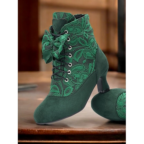 Burgunderfarbene viktorianische Schnürstiefeletten für Damen mit floralem Spitzendesign und mittelhohem Absatz – eleganter Retro-Stil für formelle und legere Anlässe Image