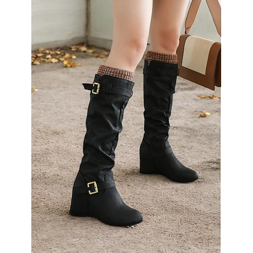 Damenstiefeletten in Used-Optik in Hellbraun mit Schnallenriemen und Keilabsatz – gemütliche Winterstiefel mit Strickbündchen für lässige Outfits Image