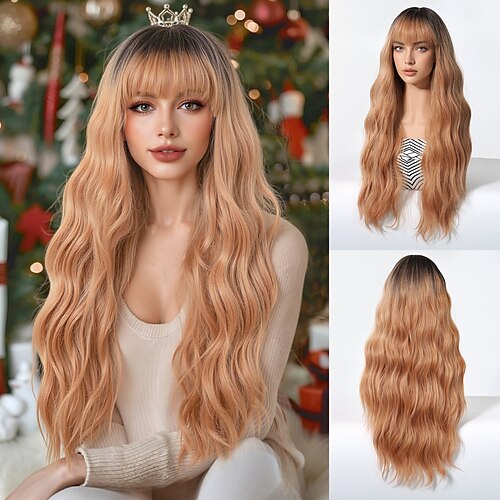 Synthetische Perücken Uniformen Karriere Kostüme Prinzessin Locken Wellen Mittelteil Stufenhaarschnitt Mit Pony Maschinell gefertigt Perücke 30 Zoll Dunkelbraun Synthetische Haare Damen Cosplay Party Image