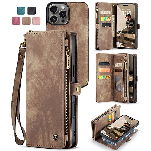 Handy Hülle Handyhüllen Für iPhone 17 Pro Max 17 Air 16 15 14 Pro Max Plus 16e 13 12 11 Pro Max Mini Brieftaschenhülle Mit Ständer Magnetisch Reisverschluss Retro TPU PU-Leder Image