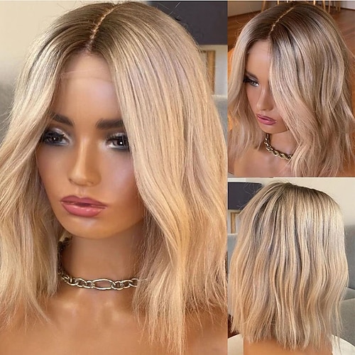Remy Menschenhaar 5x5 Verschluss 13x4 Spitzenfront Perücke Kurzer Bob Brasilianisches Haar Wellen Blond Perücke 130% 150% Haardichte Gefärbte Haarspitzen (Ombré Hair) 100% Jungfrau Leimlos Vorgerupft Image