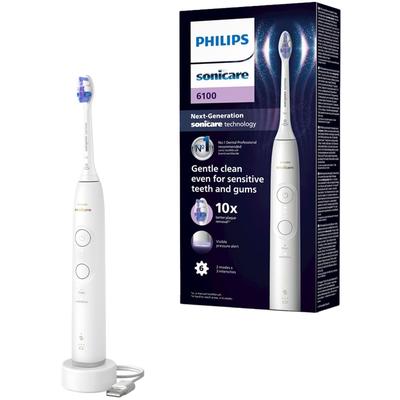 Elektrische Zahnbürste PHILIPS SONICARE "Series 6100 HX7400/01" Elektrozahnbürsten weiß (.) mit visueller Andruckkontrolle, 5 Putzeinstellungen, inkl. Ladegerät