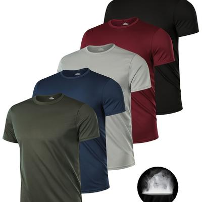 TEMU 5-pack Men' Color Crew Neck T-shirts, 100% Polyester Knit Fabric, Breathable & Lightweight Short Sleeve Tops For Casual, Travel & - Regular Fit, 130gsm Image