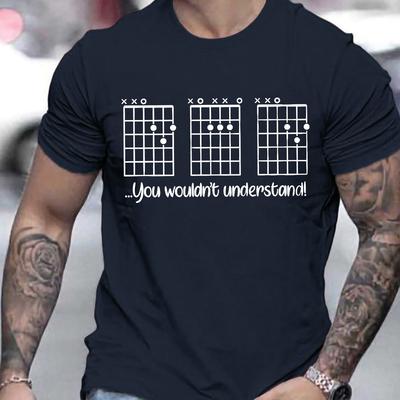 TEMU Men' Casual Fashion T-shirt With Guitar Chord Diagram Print, Crew Neck, Polyester Knit Fabric, Stretch, Summer , Regular Fit - Adult Tee Image