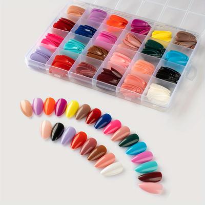 TEMU 576pcs Medium Length Teardrop Almond-shaped Fake Nails In 24 Solid Colors Glossy Finish Acrylic Wearable Nail Tips For Women Diy Manicure Image