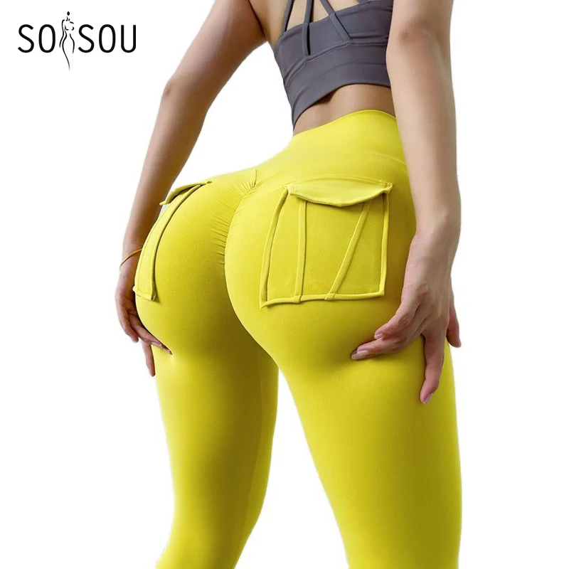 SOISOU Leggings in nylon Pantaloni da donna Pantaloni sportivi da yoga Sexy attillati a vita alta Mutandine da donna elastiche Tasca legging mujer