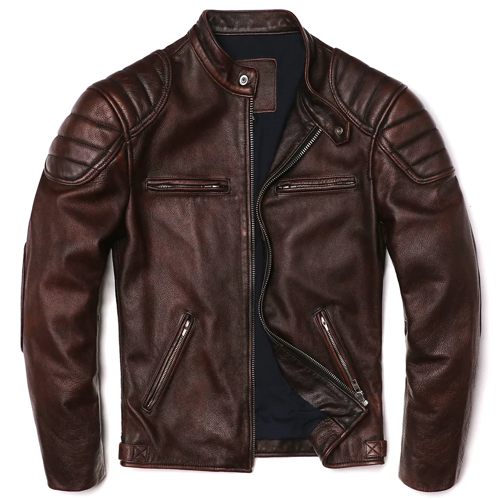 2025 Giacca in vera pelle marrone vintage Cappotto da motociclista da uomo in vera pelle di vacchetta naturale Cappotto da uomo in pelle di vitello sottile