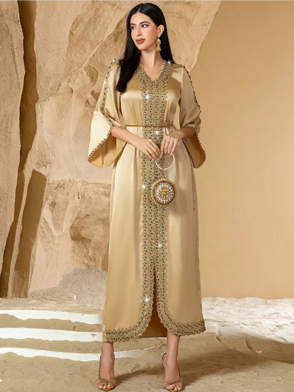 Eid Abito musulmano per le donne Ramadan Jalabiya Abiti da festa in pizzo con diamanti Abaya Abito lungo Marocco Dubai Caftano Abiti Largos 2025