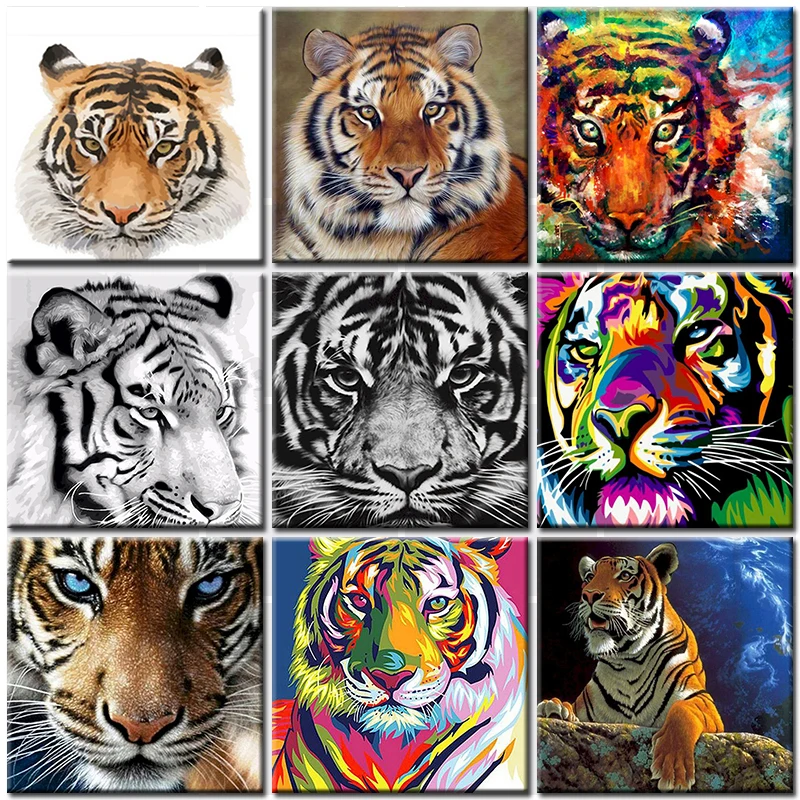 Peinture par numéros bricolage tête de tigre noir et blanc, Kit de peinture par numéros, cadeau pour adulte, coloriage d'images d'animaux sur toile, peinture acrylique