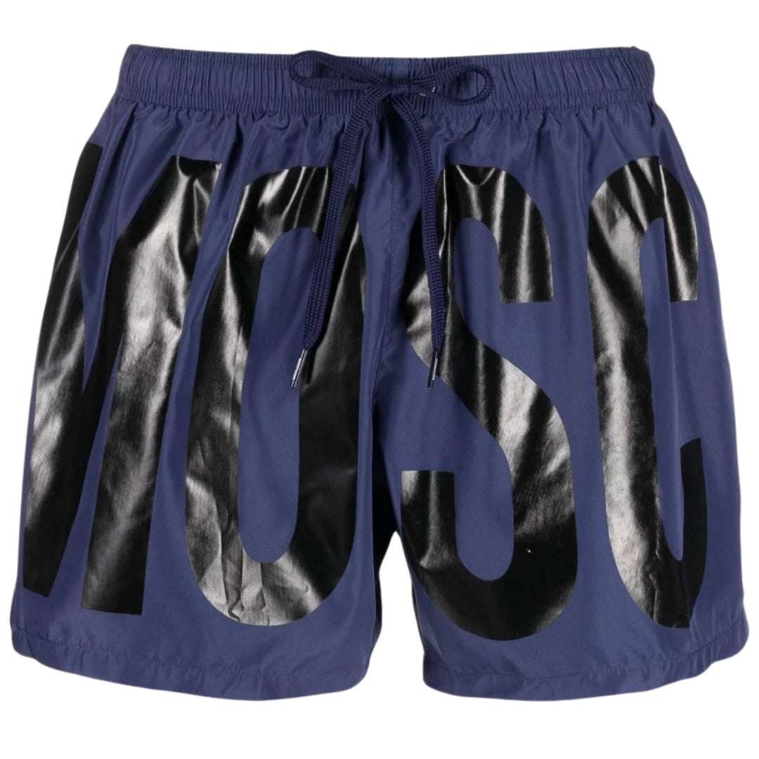 Marineblaue kurze Badeshorts mit Print-Logo der Marke Moschino Image