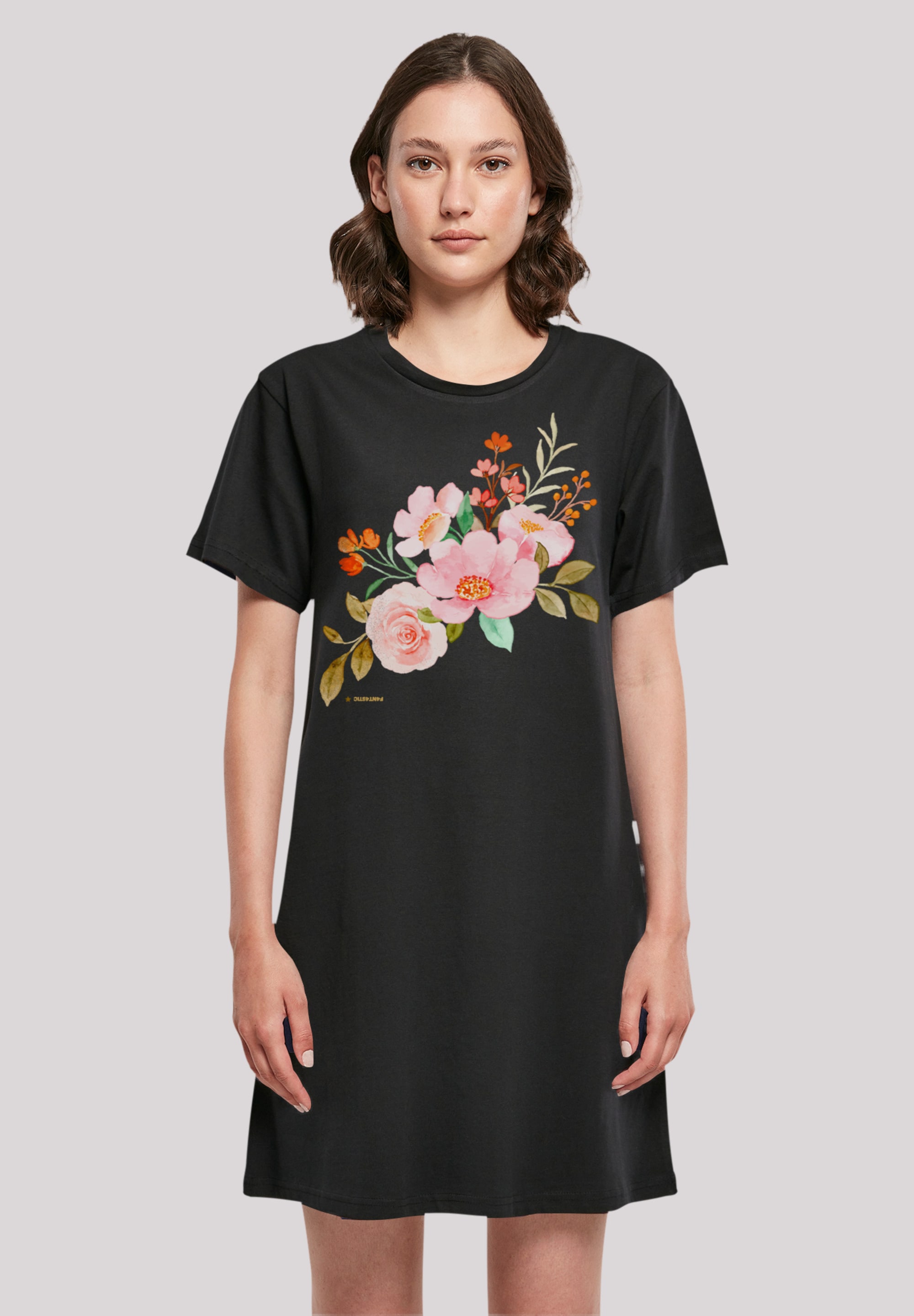 Shirtkleid F4NT4STIC "Blumenmuster Damen T-Shirt Kleid", Damen, Gr. 5XL, schwarz, Obermaterial: 100% Baumwolle, regular fit, Rundhals, ohne Bündchen, Kleider, Print Image