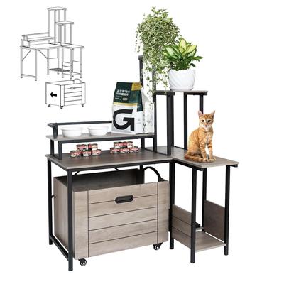 Litter Box Enclosure Cat Tree with 6 Storage Shelves and Pullable Carring Tray