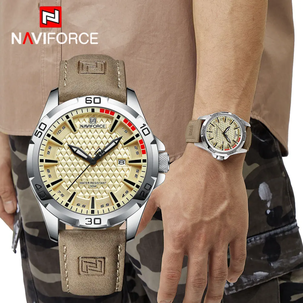 NAVIFORCE Männer Casual Sport Klassische Quarz Kalender Armbanduhr für Mann Business Leder Wasserdicht herren Uhr Relogio Masculino Image